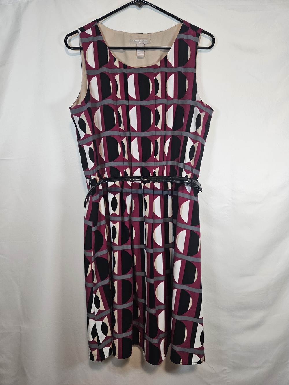 Banana Republic Belted Sleeveless Geometric Midi Dress in Burgundy, Black, Cream